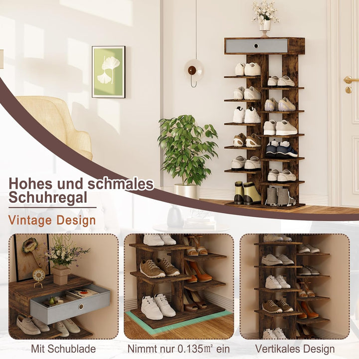 WOLTU Schuhregal mit Schublade, Holzoptik,Schuhschrank mit 12 Ablagen,Schuh-Organizier, Schuhaufbewa