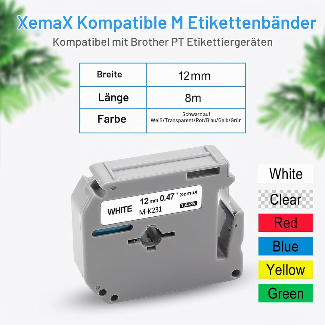 6x XemaX Kompatibel Brother M Tape 12mm Ersatz für Brother M-K231 M-K131 M-K431 M-K531 M-K631 M-K731