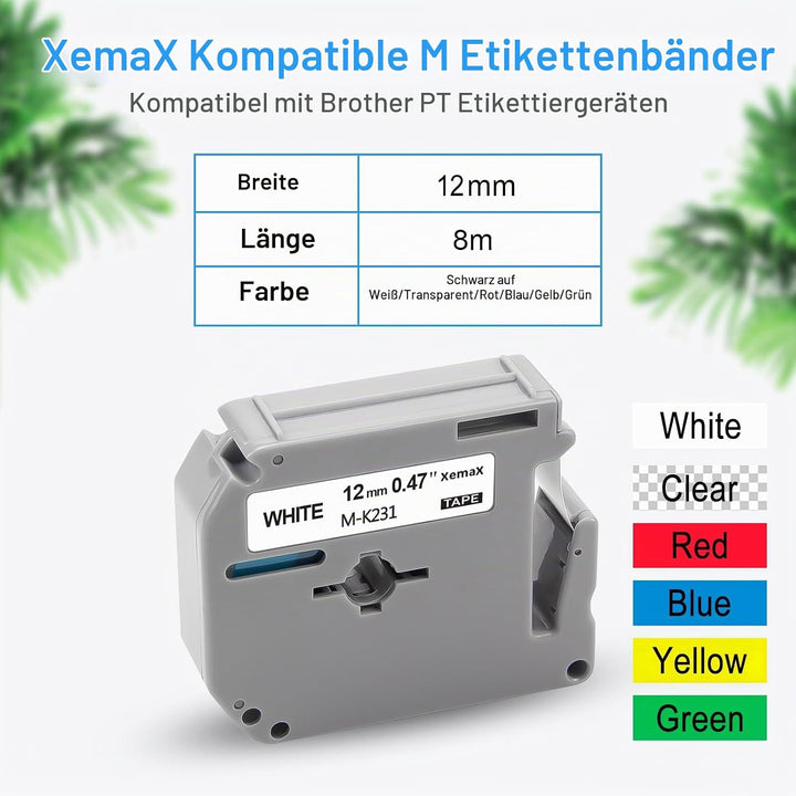 6x XemaX Kompatibel Brother M Tape 12mm Ersatz für Brother M-K231 M-K131 M-K431 M-K531 M-K631 M-K731