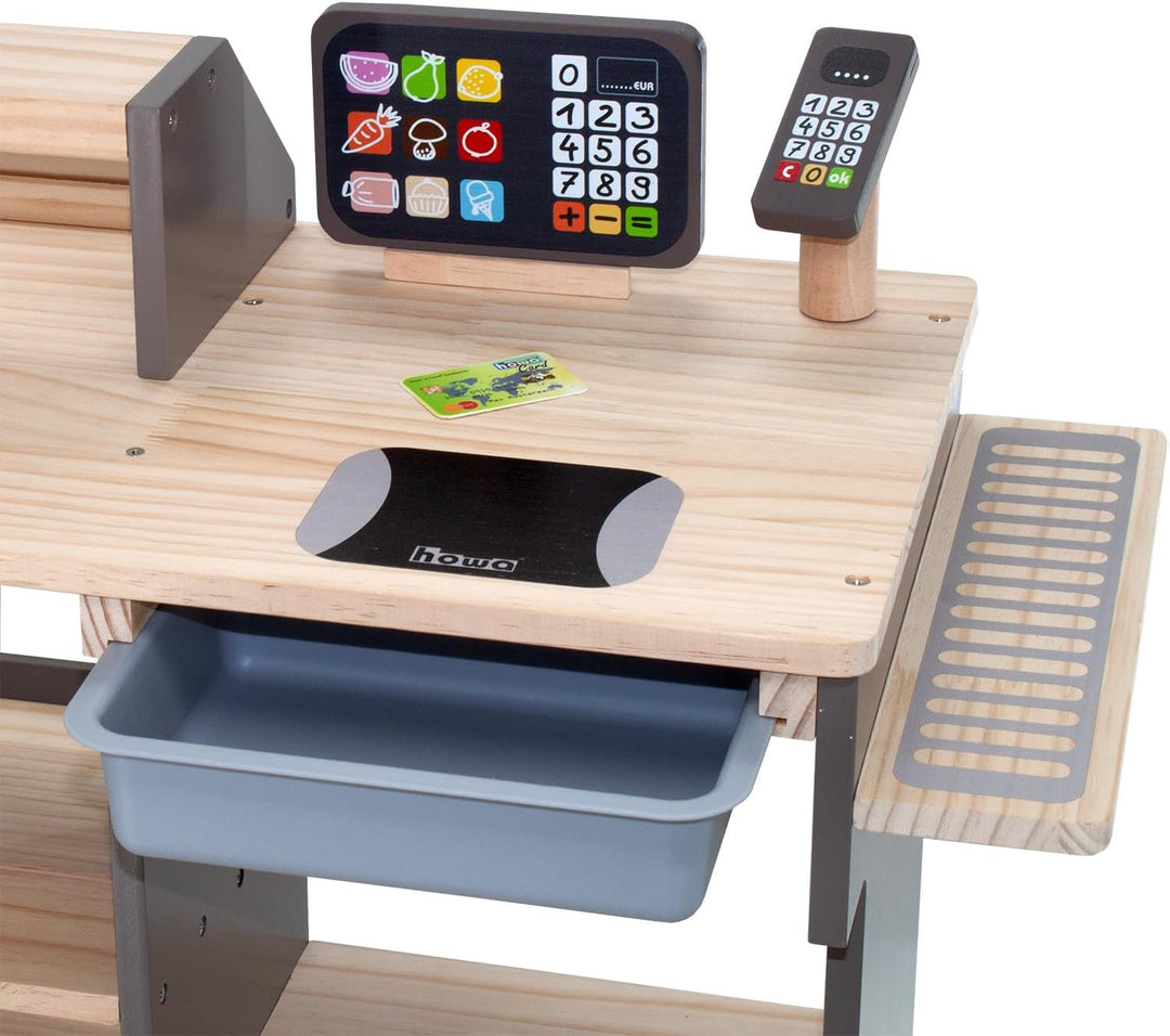 howa Kaufladen - Kaufmannsladen aus Holz, mit Spielkasse und Spielzeugkartenleser, Tafel für Kreide,