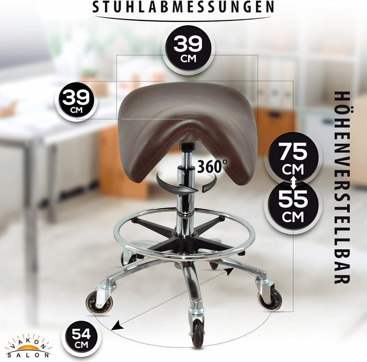 Premium Sattelhocker Braun, Sattelstuhl für Rückenentlastung, Rollhocker höhenverstellbar von 55-75