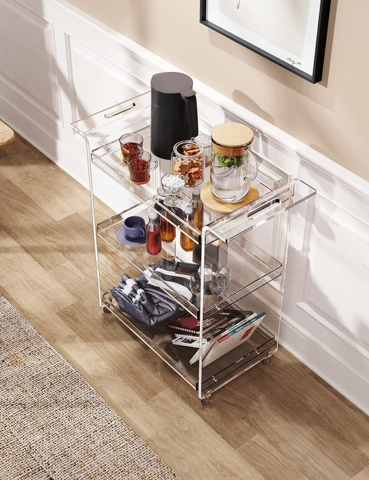 Acryl Servierwagen Barwagen, Acryl Küchenwagen, mit Rollen Feststellbar, 53 x 30 x 72 cm (Transparen