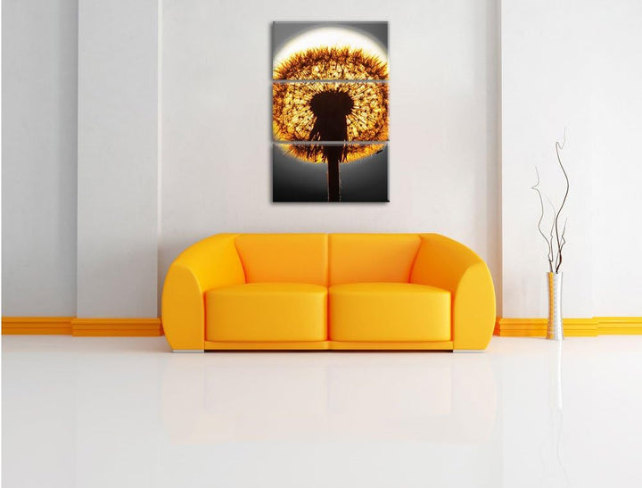 Pixxprint Pusteblume vor untergehender Sonne schwarz/weiss 3-Teiler Leinwandbild 120x80 Bild auf Lei