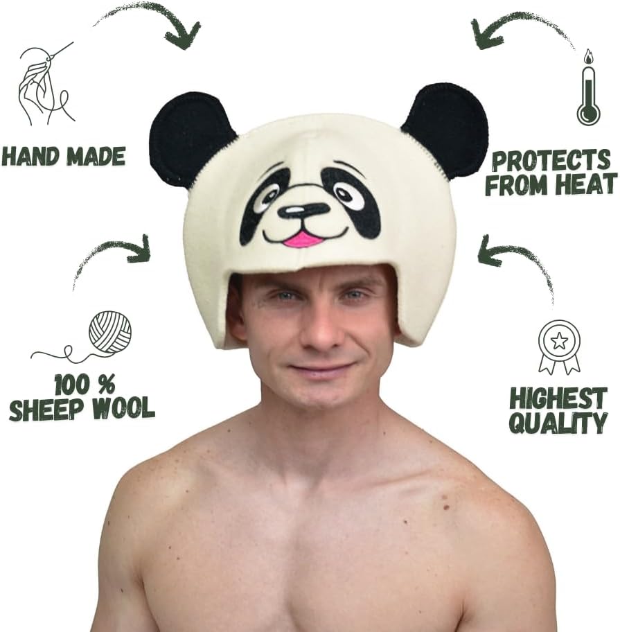 Natural Textile Saunahut 'Sauna Panda' White - 100% organische Wollfilzmützen - Schützen Sie Ihren K
