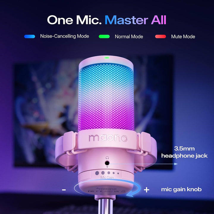 MAONO Gaming Mikrofon Rosa mit Geräuschunterdrückung, Computer PC Kondensatormikrofon mit RGB-Licht,
