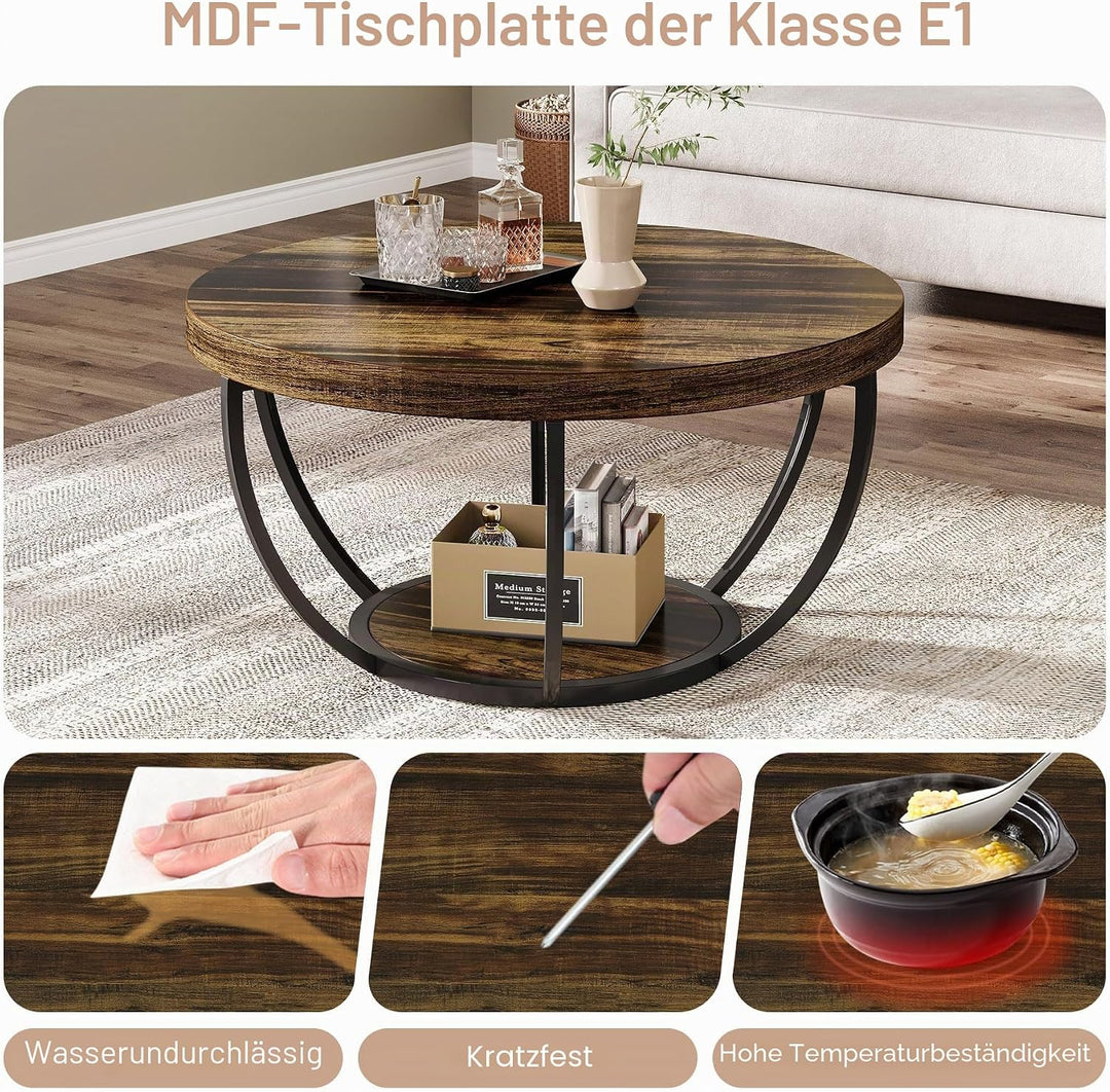 Tribesigns Runder Couchtisch, industrieller 2-stöckiger runder Couchtisch mit Ablagen, moderner 80,5