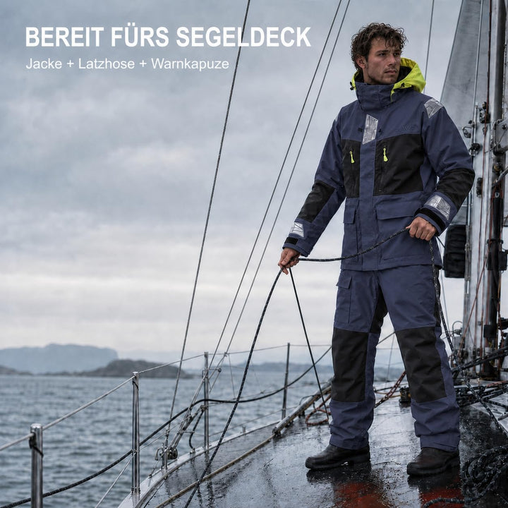 Herren Offshore Segelanzug 2-Lagen Wasserdicht Atmungsaktiv | Profi Segeljacke mit Neon-Kapuze &amp; Ref