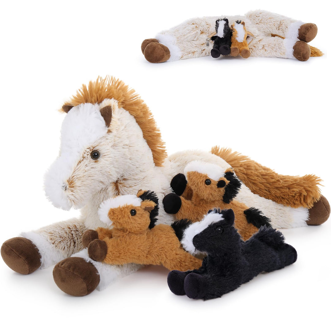 MorisMos 54cm riesen Pferd Kuscheltier XXL mit 3 Baby Pony im Bauch, gross Plüschpferd Kuscheltiere