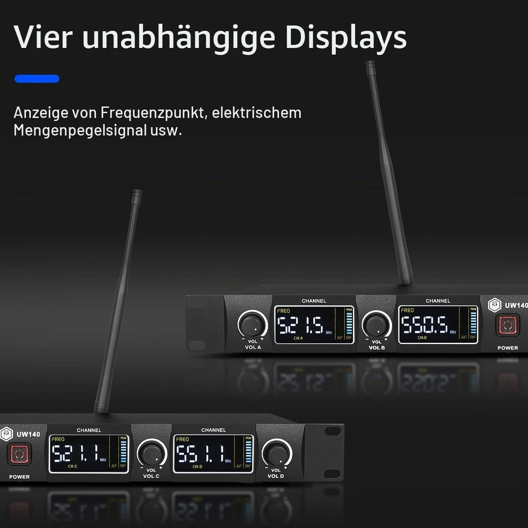 W IN-MIX Professionelles UHF-Funkmikrofonsystem, 4 Kanäle, 80 Meter Reichweite, mit Lavalier- und He