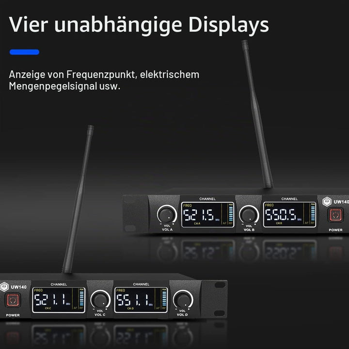 W IN-MIX Professionelles UHF-Funkmikrofonsystem, 4 Kanäle, 80 Meter Reichweite, mit Lavalier- und He