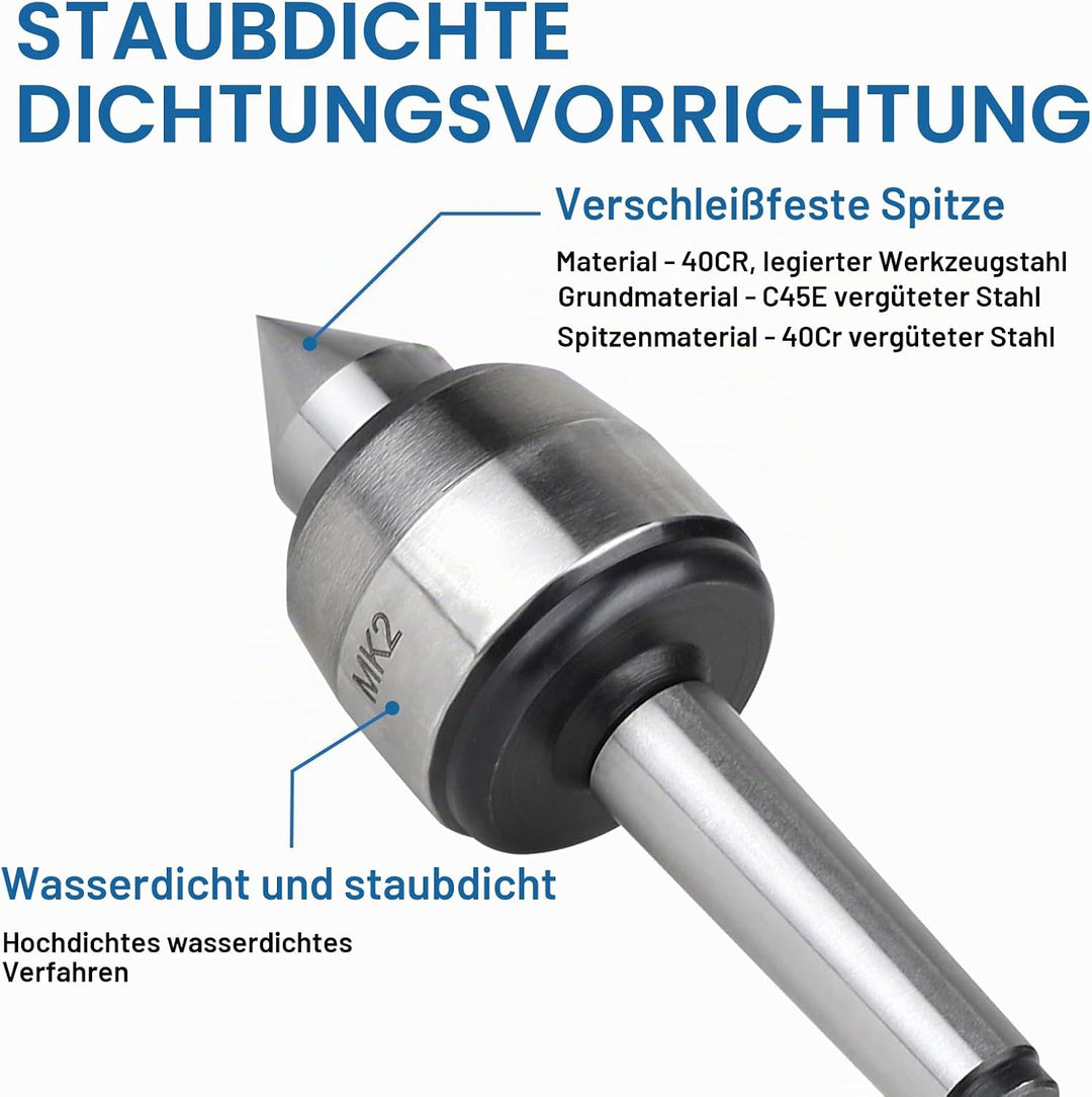 LALAGO Mitlaufende Zentrierspitze MK2, Mitlaufende Körnerspitze, Zentrierspitze 60 Grad Rollkörner,