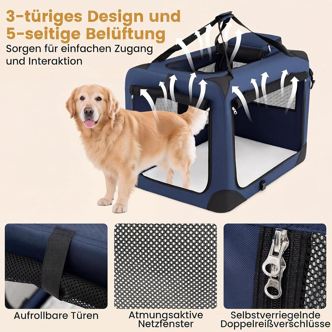 COSTWAY Hundebox Auto, Transportbox Hund faltbar (L-83,5 x 58 x 58 cm,Blau) | Hundetransportbox mit