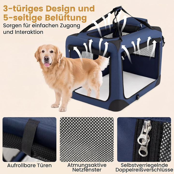COSTWAY Hundebox Auto, Transportbox Hund faltbar (L-83,5 x 58 x 58 cm,Blau) | Hundetransportbox mit