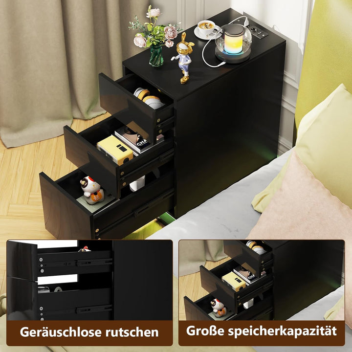 PIPIPOXER Nachttisch LED mit Steckdose & USB, Schwarz Hochglanz 16-Farben RGB-Licht, Schmal mit 3 Sc
