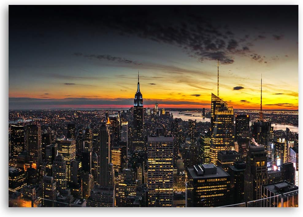 Feeby Bild auf Leinwand New York Kunstdruck modern Sonnenuntergang Gelb 80x60 cm Leinwandbild 80x60