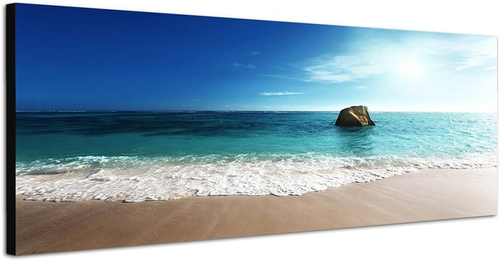 Paul Sinus Art Panoramabild auf Leinwand und Keilrahmen 150x50cm Seychellen Strand Meer Stein Dämmer