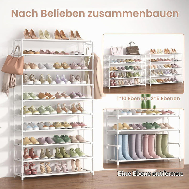 Schuhregal 10 Ebenen, Schuhschrank Metall für 50 Paar Schuhe, Schuhorganizer 155cm Hoch, Schuhaufbew