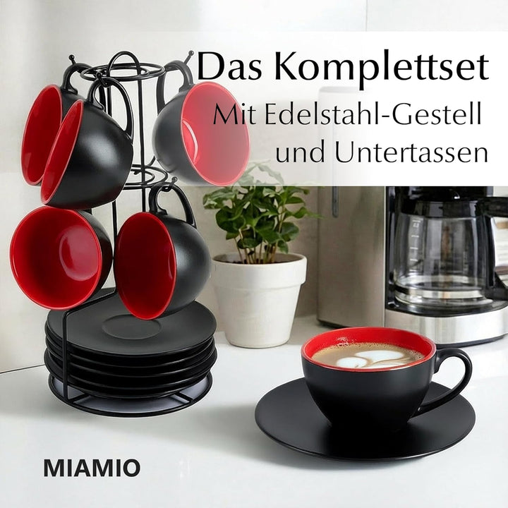 MIAMIO - 6 x 175 ml Tasse Cappuccino Tassen mit Unterteller & Ständer/Cappuccinotassen Set - Le Papi