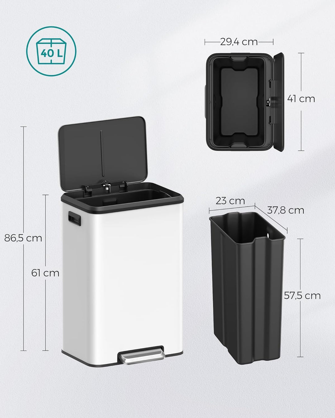 ‎SONGMICS Mülleimer Küche, 40 Liter Abfalleimer mit Deckel, Tretmülleimer, Softclose, Offenhaltefunk
