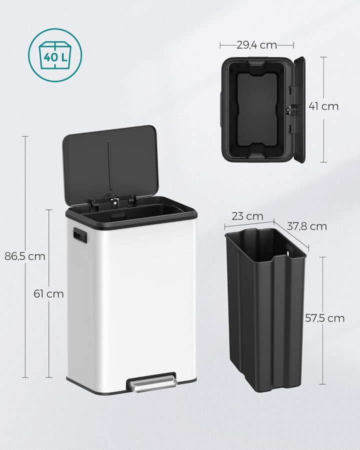 ‎SONGMICS Mülleimer Küche, 40 Liter Abfalleimer mit Deckel, Tretmülleimer, Softclose, Offenhaltefunk