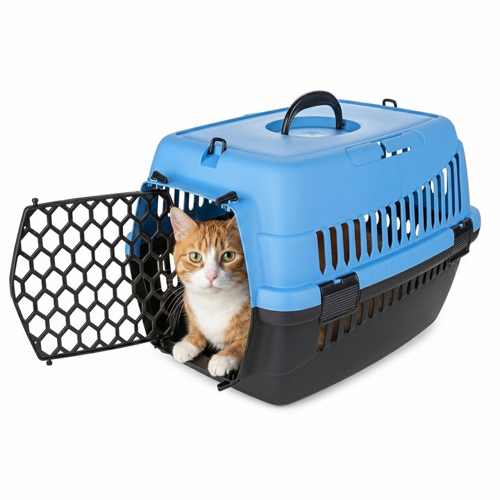 HAPPET Tiertransportbox ABBA S Blau 50x33x33 cm – Robuste, gut belüftete Transportbox aus Kunststoff