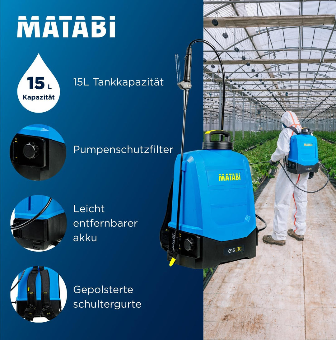 Matabi e15 LTC Elektrischer Sprüher - Herausnehmbarer Li-Ion 20V Akku - Bis zu 375L Autonomie - Elek