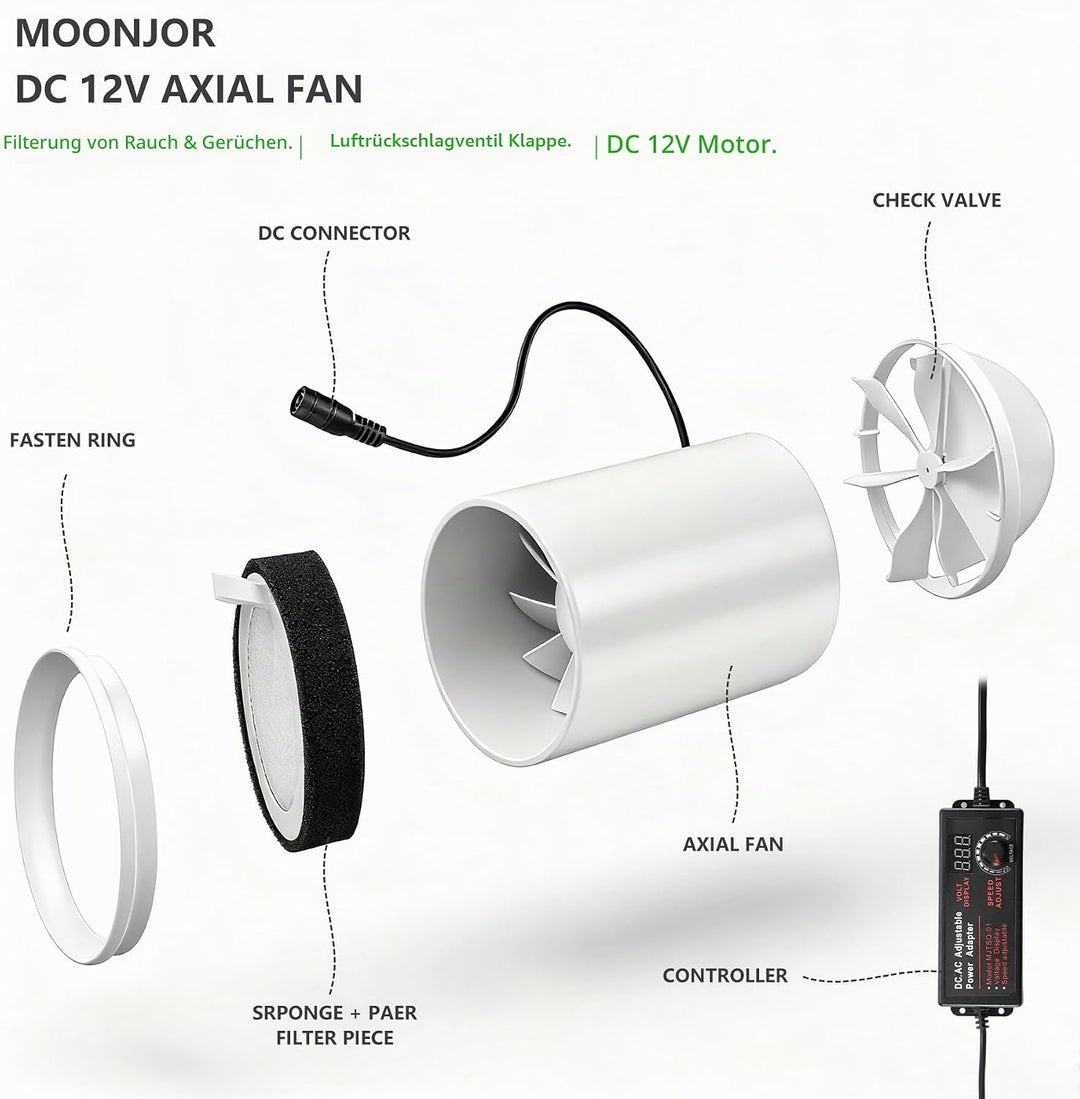 100mm Inline Kanalventilator, DC 12V-Extraktor Spannungsregler, Filternetz, Scheckventil Axiallüfter