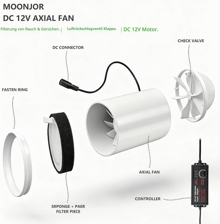 100mm Inline Kanalventilator, DC 12V-Extraktor Spannungsregler, Filternetz, Scheckventil Axiallüfter