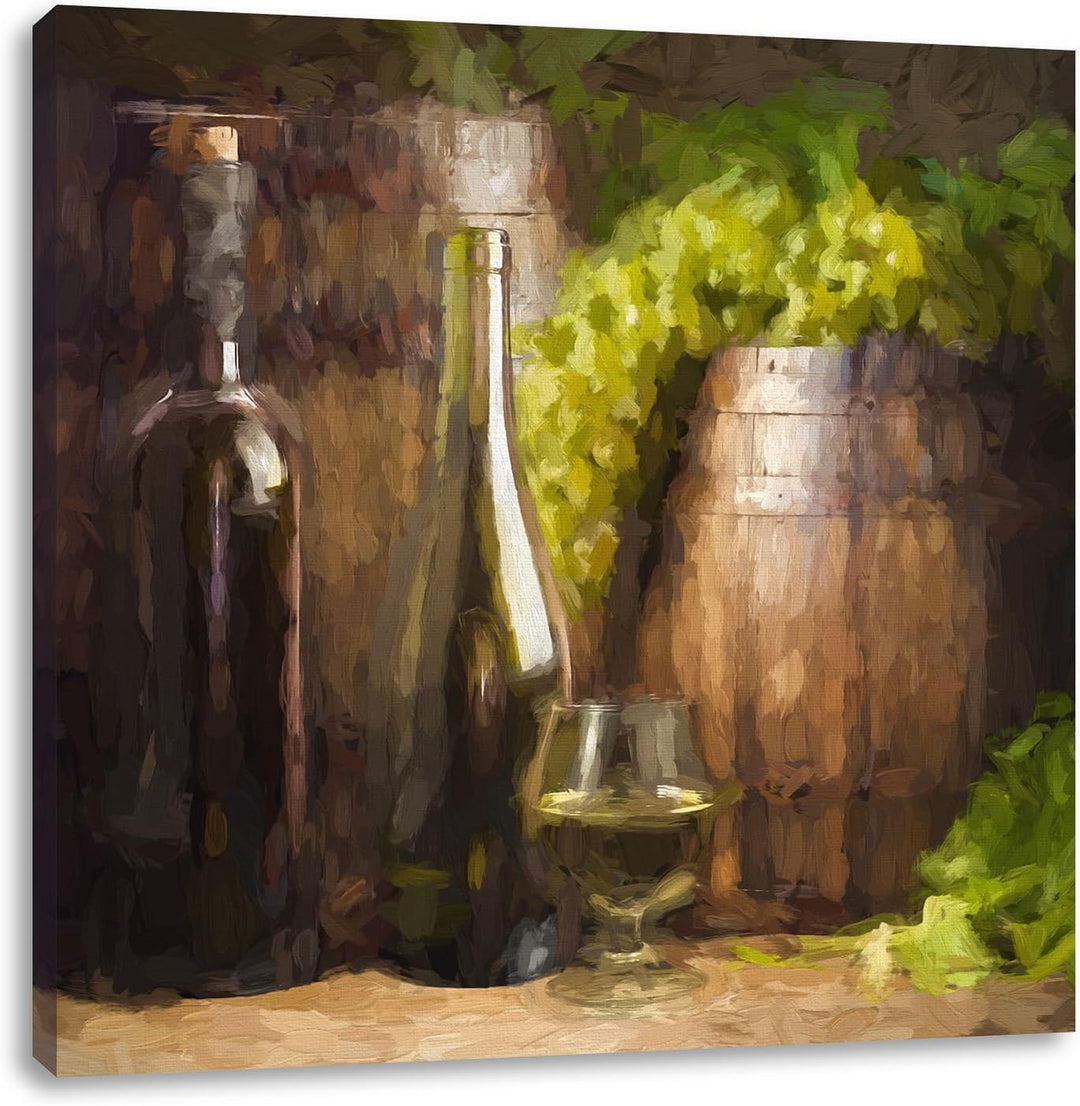 Pixxprint Fässer mit Weintrauben und Wein als Leinwandbild/Grösse: 70x70 cm/Wandbild/Kunstdruck/fert