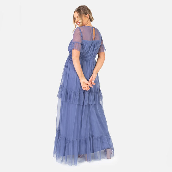 Anaya with Love Damen Ladies Maxi Dress Women Tiered Back Keyhole Mesh Short Sleeve Ruffle for Weddi