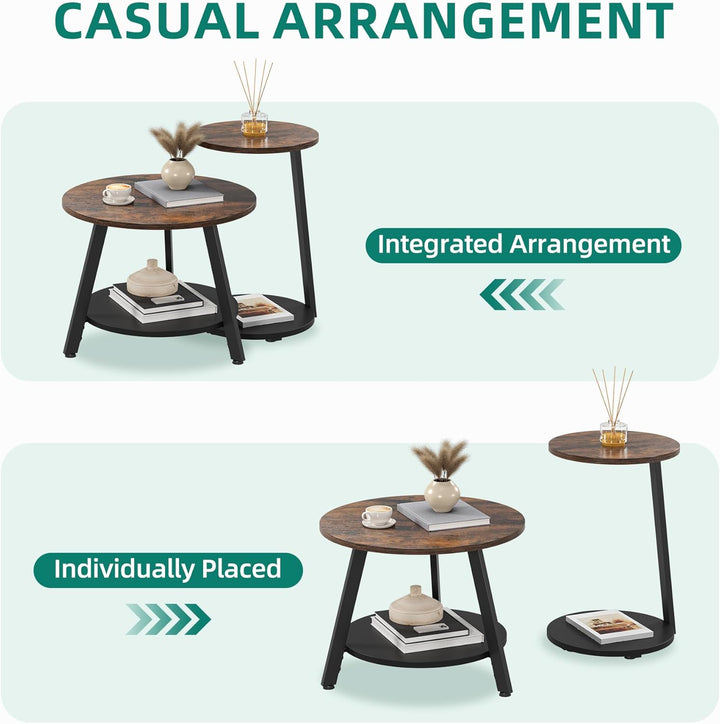 YITAHOME 2er Set Couchtisch Set Rund, Wohnzimmertisch mit Stauraum, Beistelltisch 2er Set Stapelbar