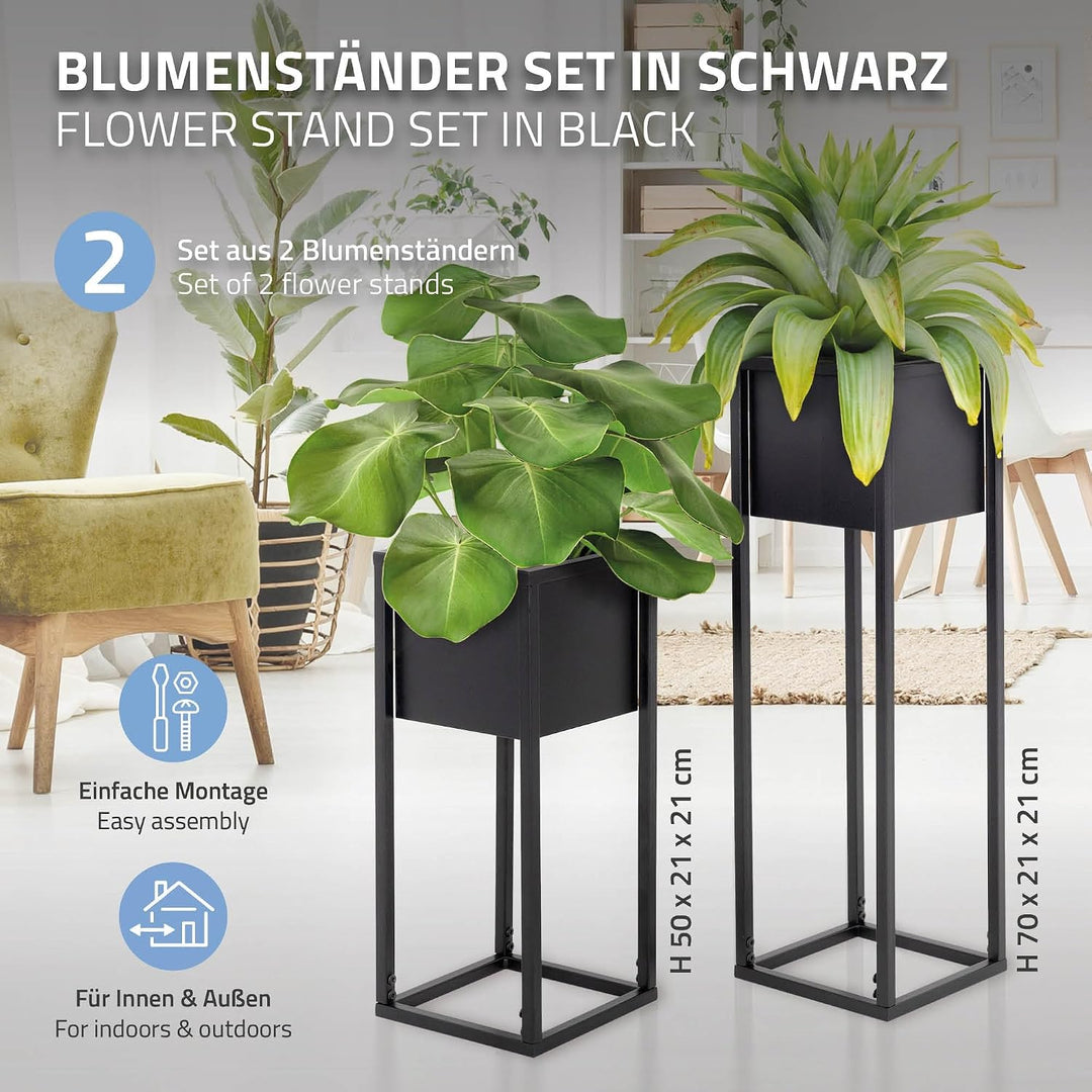 ML-Design Blumenständer im 2er Set, Schwarz, 21 x 50/70 x 21 cm, Moderne Blumentopfständer mit Übert