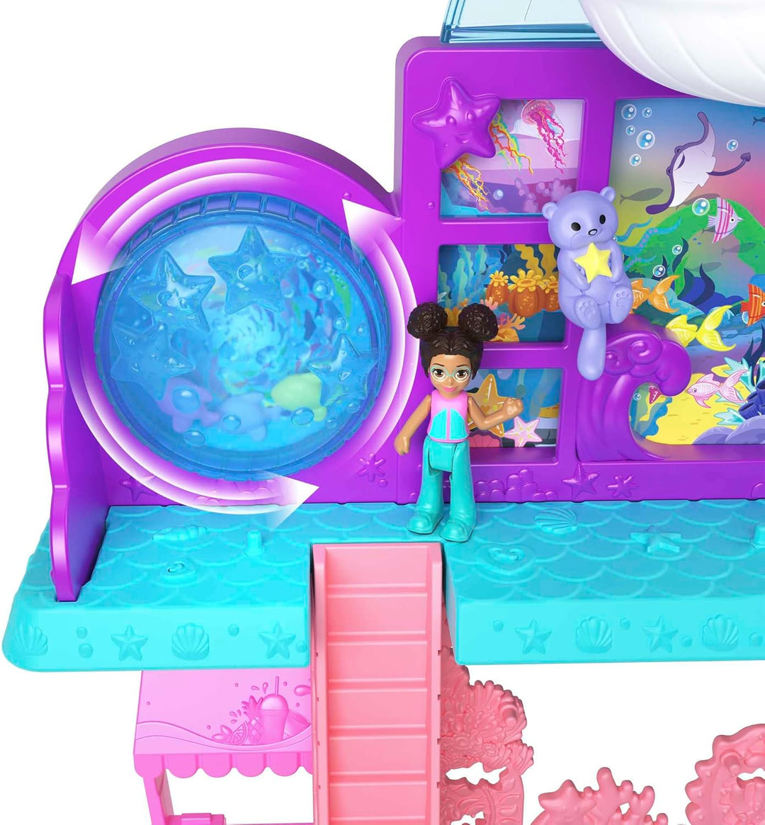 Polly Pocket Pollyville Aquarium mit Shani, Spielset mit 2 Puppen, Spielzeugauto und 11 Zubehörteile