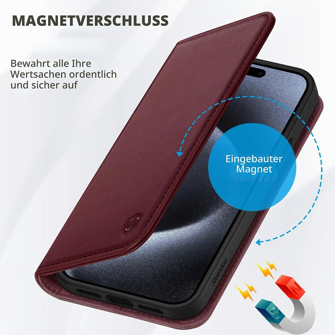 SHIELDON Hülle für iPhone 15 Pro Max, Handyhülle [Kartenfächer] [Echtes Rindsleder] [Standfunktion]