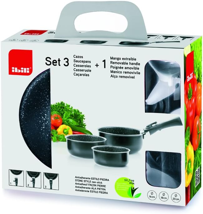 IBILI - Kochtopfset mit 3 Teilen und herausnehmbarem Griff, 16, 18, 20 cm, Anti-Haft-Beschichtung im