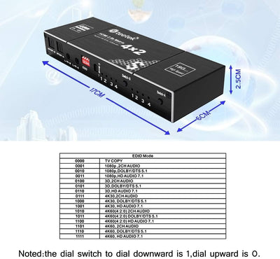 Steetek HDMI Matrix 4X2 Switch, 4K @ 60 Hz, RGB 8: 8: 8, SPDIF 5.1H, Audio EDID Extraktor, 3.5mm Ste