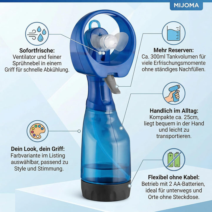 MIJOMA Sprühflasche mit Ventilator – tragbarer Sprühventilator, batteriebetrieben, Abkühlung für unt