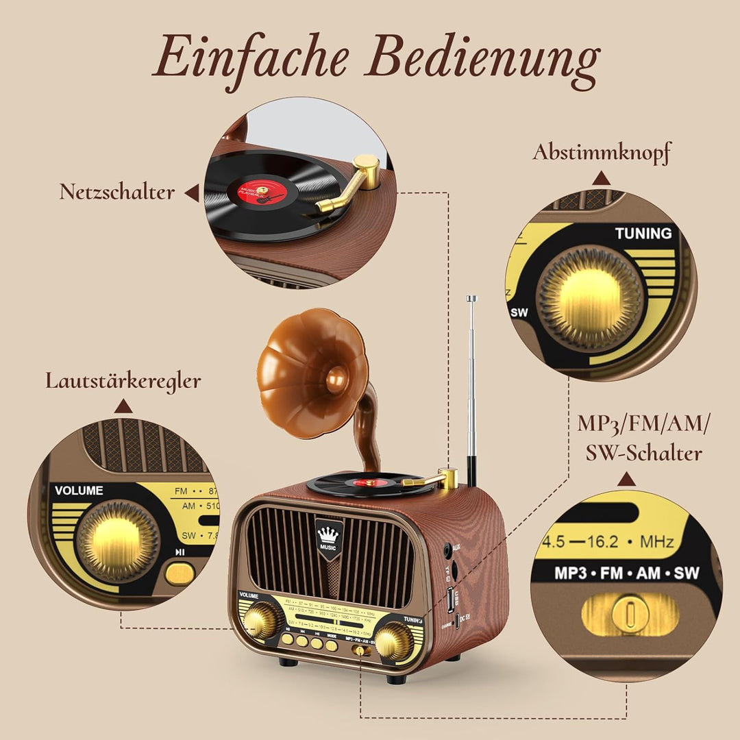 PRUNUS J-190 Retro Radio Klein AM/FM/SW, Nostalgie Radio mit Akku 1800mAh, Kofferradio mit Bluetooth