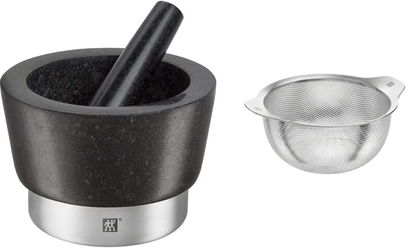 Zwilling Spices Mörser mit Stössel, Ø 11 cm, Granit, Schwarz & Sieb, Edelstahl, 20 cm,22 x 20 x 10 c