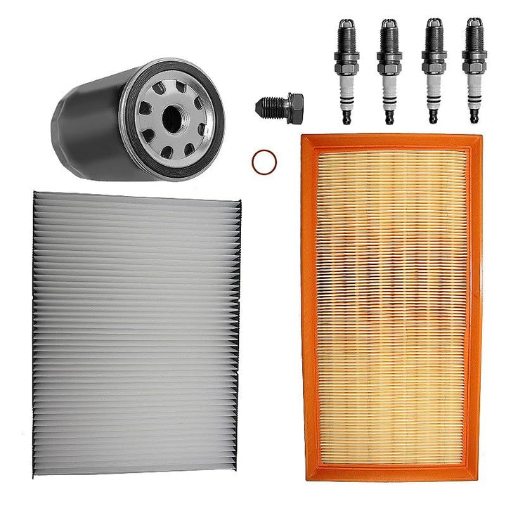 BESTPRICE Inspektionspaket Filterset mit 1x Luftfilter, 2x Innenraumfilter, 4x Zündkerze Doppelplati