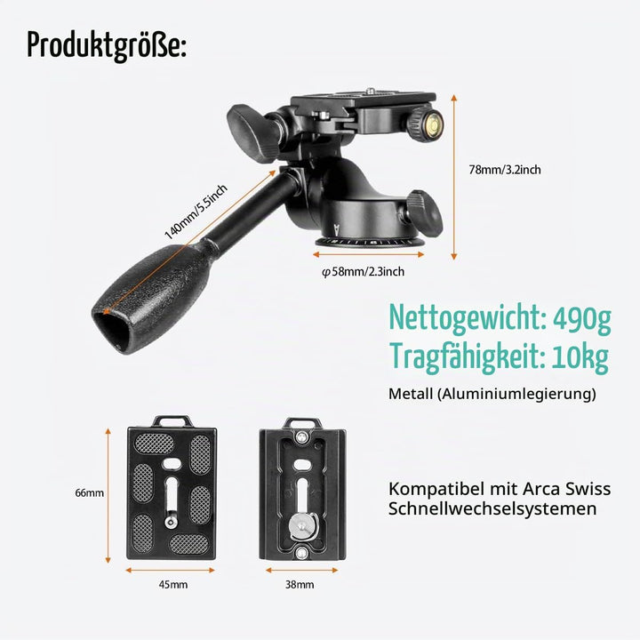 Koolehaoda Q08 Stativkopf, Fluidkopf aus Aluminiumlegierung, Stativ mit 1/4" QR-Platine, Slider, Dig