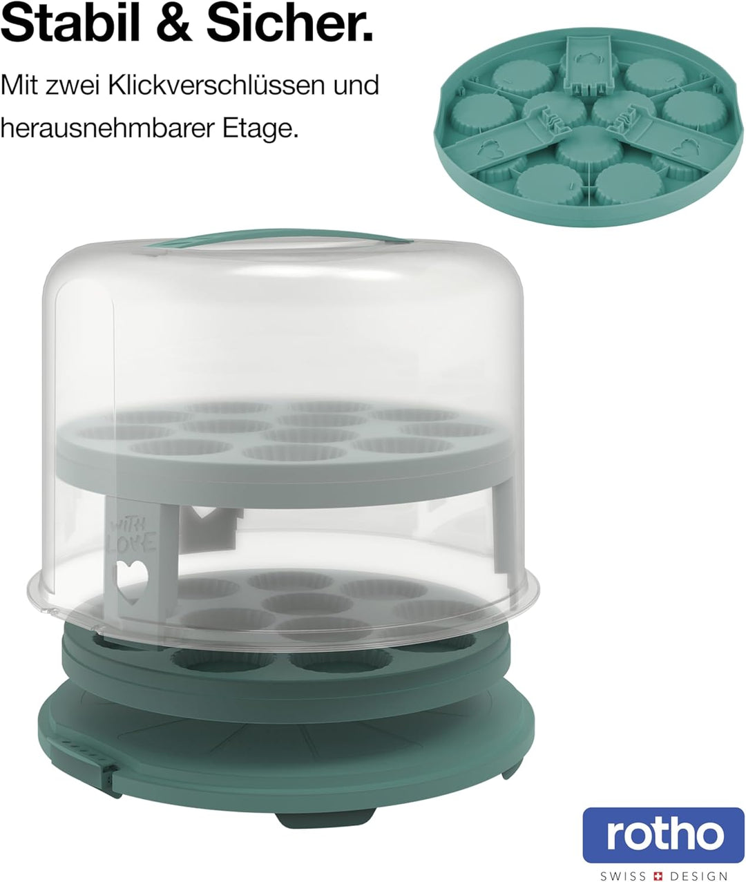 Rotho Fresh Tortenglocke hoch mit Trays, lebensmittelechter Kunststoff (PP) BPA-frei, türkis/transpa