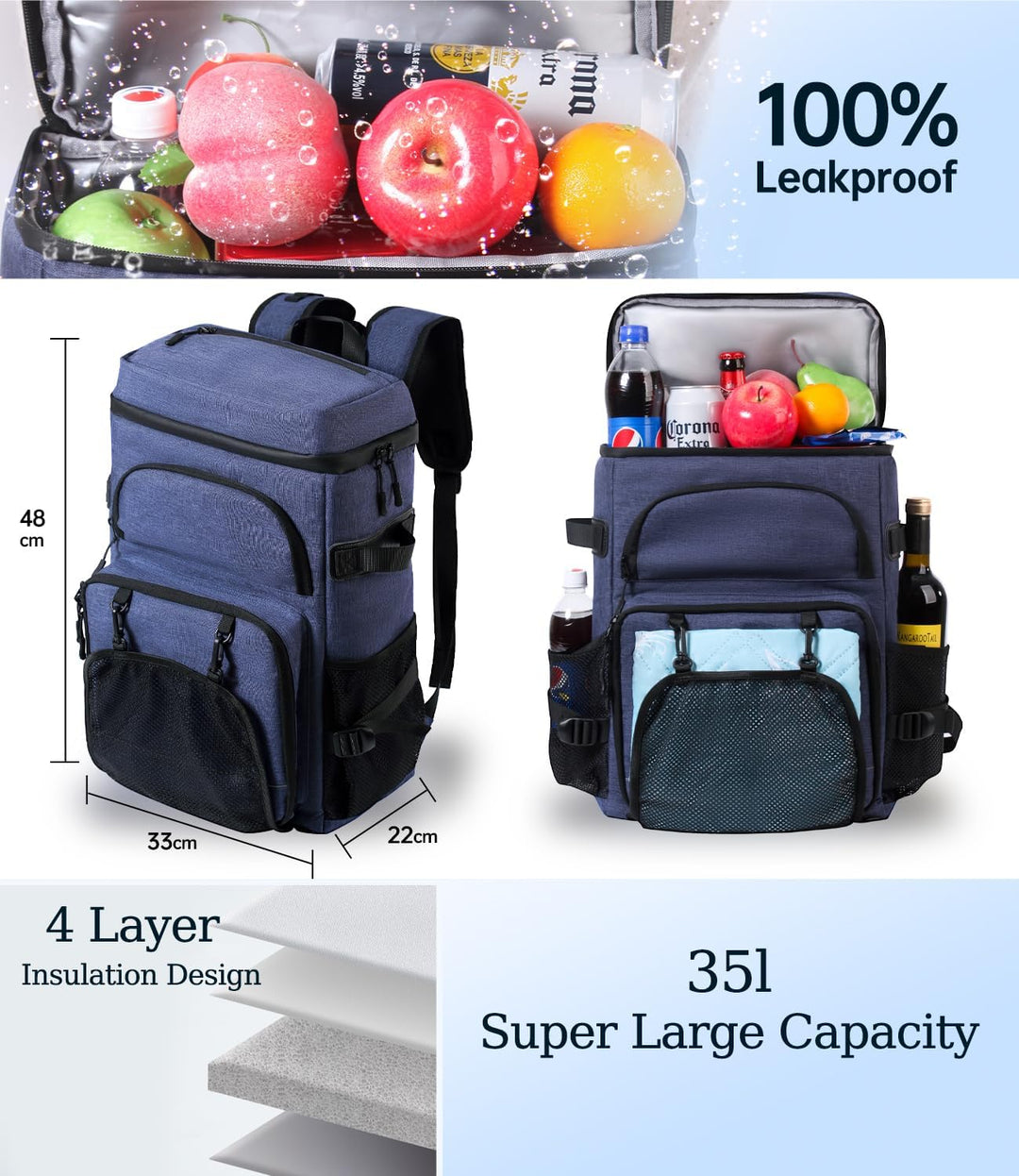 DEWUR Kühlrücksack 35L Thermo Rücksack Kühltasche Wasserdichter Picknickrücksack mit Flaschenöffner
