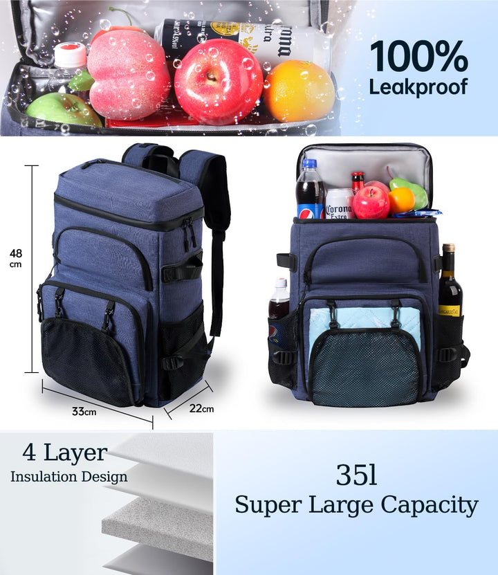 DEWUR Kühlrücksack 35L Thermo Rücksack Kühltasche Wasserdichter Picknickrücksack mit Flaschenöffner