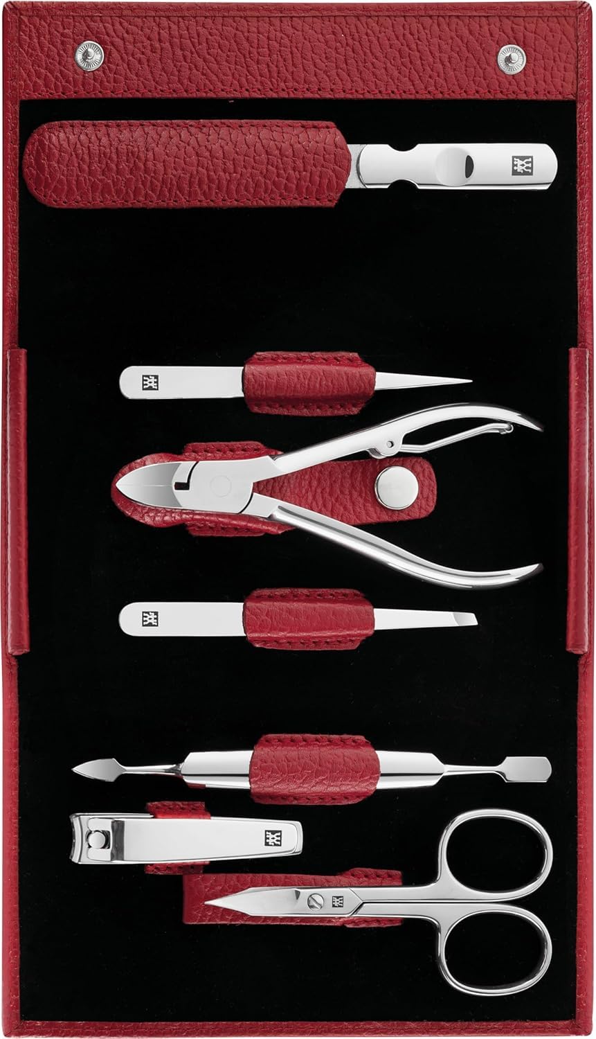 ZWILLING Maniküre und Pediküre Set, Reise Etui Set, Nagelpflege, Leder, 7-teilig, Rot Rot Single, Ro