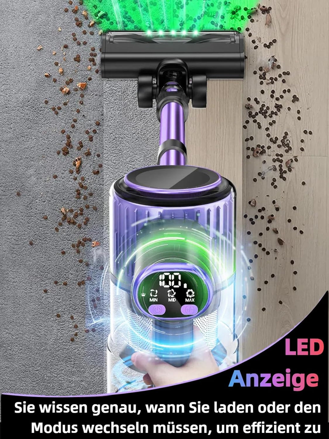 Akku Staubsauger, 45KPA/500W/45Mins Staubsauger Kabellos mit LED Display, Ausziehbarer Schlauch, Ant