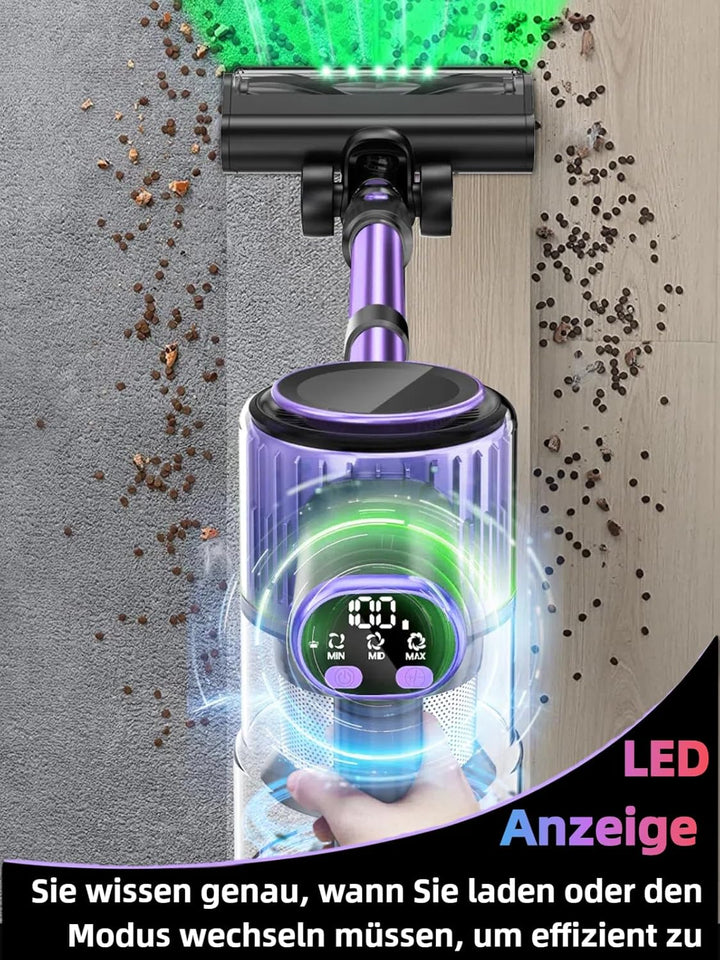 Akku Staubsauger, 45KPA/500W/45Mins Staubsauger Kabellos mit LED Display, Ausziehbarer Schlauch, Ant