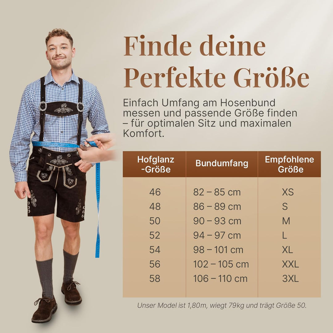 HOFGLANZ® Trachten Lederhose Herren Kurz - Hochwertige Trachtenhose für Herren mit Hosenträgern - Tr