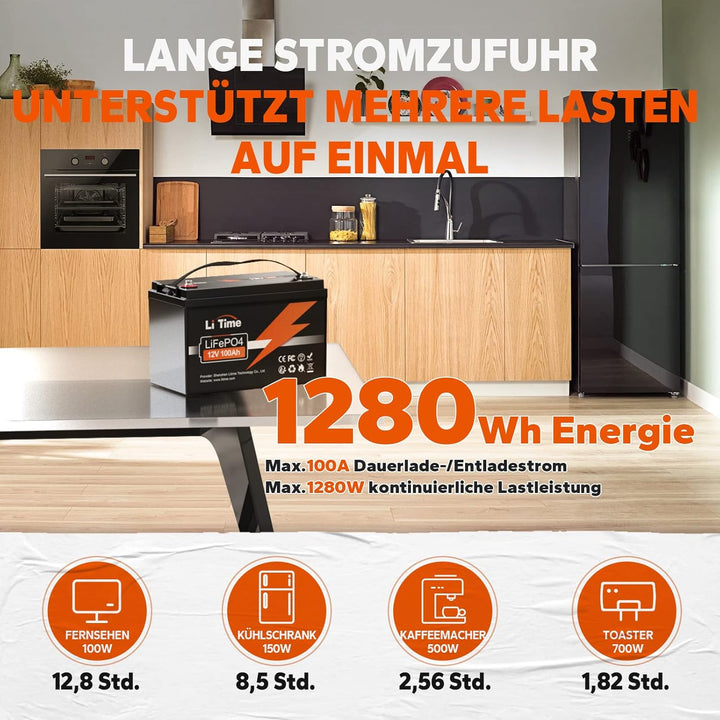 LiTime LiFePO4 Batterie 12V 100Ah, 1280Wh Lithium Akku mit 100A BMS, 4000-15000 Zyklen Ladezyklen, U