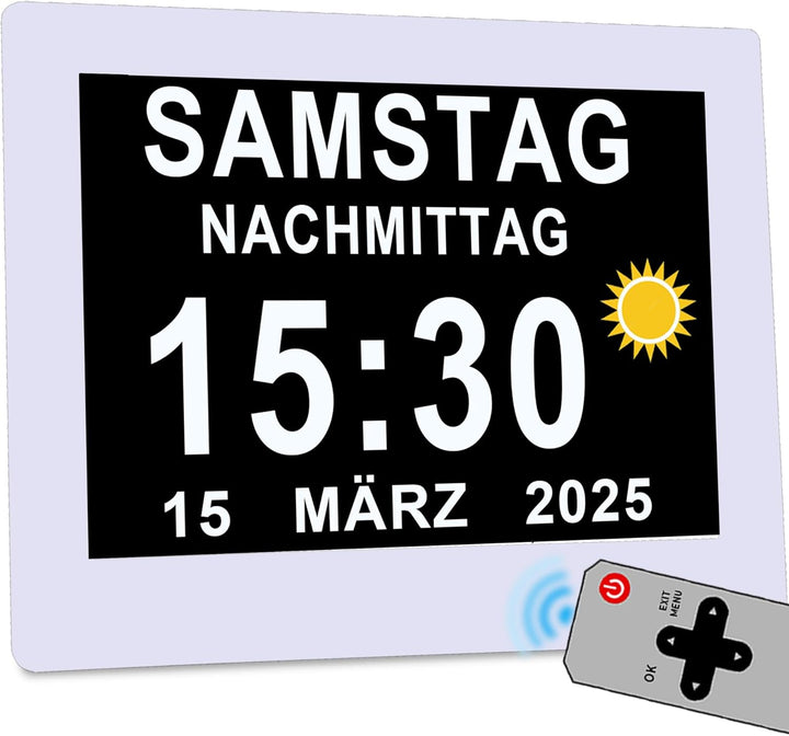 Véfaîî 8 Zoll Digitaler Wecker Wanduhr mit Fernbedienung 19 Alarme ,Seniorenuhr Kalender und Foto-Fu
